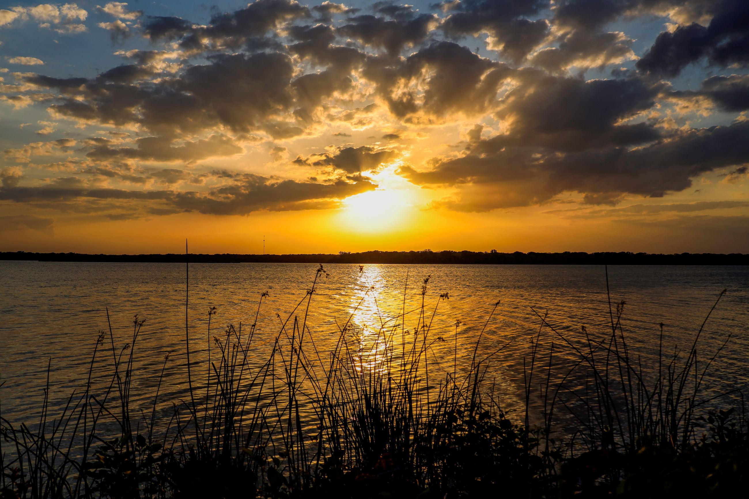 A dusky yellow and gold image of the sun setting on Cedar Creek Lake. 